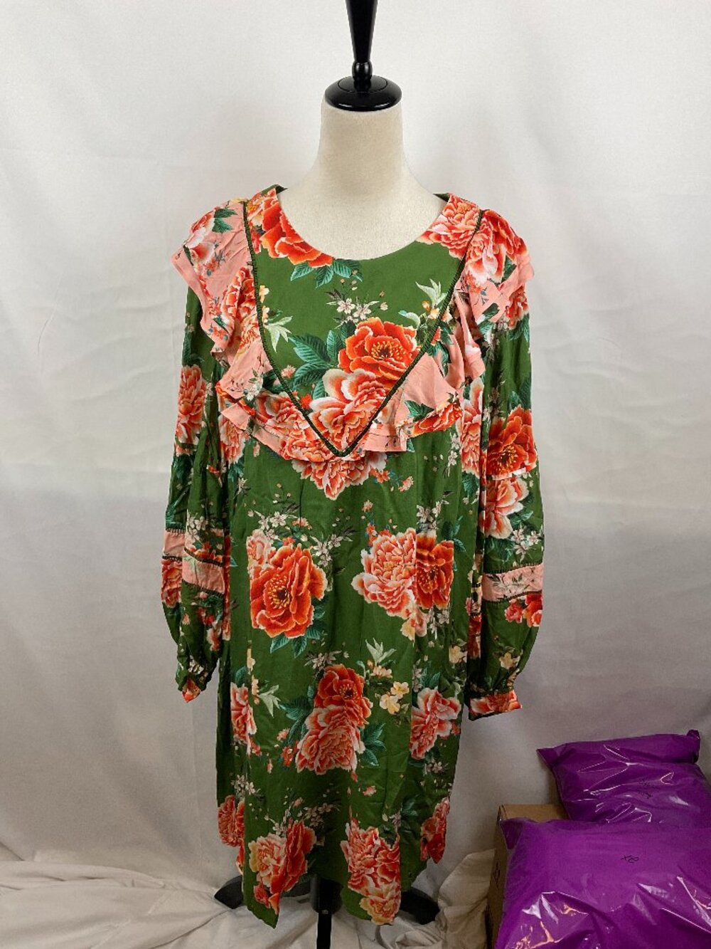 Farm Rio Dress 2X Green Pink Orange Floral Ruffle Long Sleeve New NWT